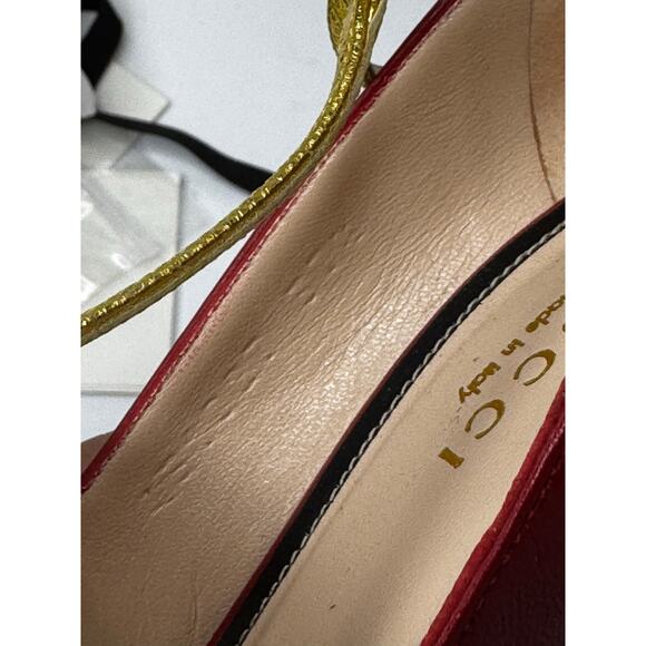 Gucci Molina Embroidered Lips T-Strap Red/Gold Leather Pumps 37.5 - Picture 10 of 11